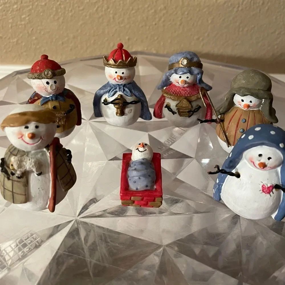 Jollies Follies Vintage Side 7 Piece Snowman Nativity Set Metal Arms CUTEEE